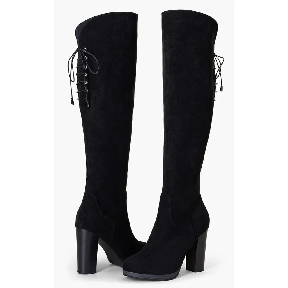 🆕Women's Black-imitation Suede Thigh High Over The Knee Rounded Toe Tall Boot
